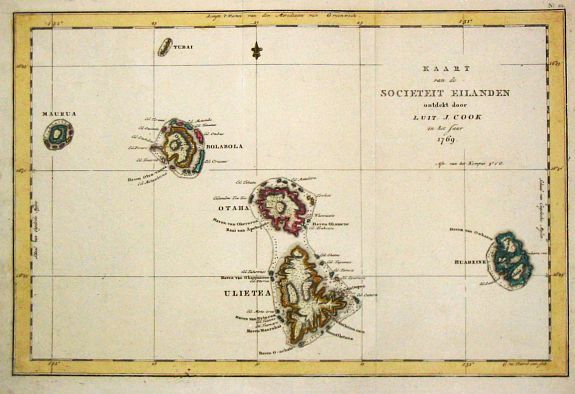 Cook, J., Kaart van de Societeit Eilanden., antique map, old maps