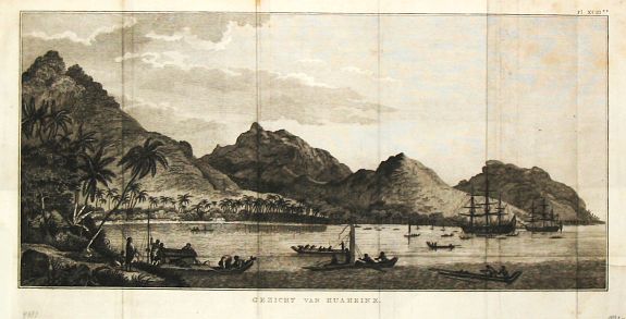 Cook, J., Gezicht van Huaheine., antique map, old maps