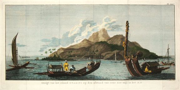 Cook, J., Gezigt van het eiland Otahiti op den afstand van eene zee-mijl in het Z.O., antique map, old maps