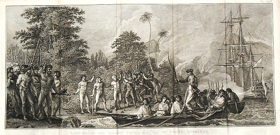 COOK, J., Landing op het eiland Tanna, een van de Nieuwe Hebriden., antique map, old maps