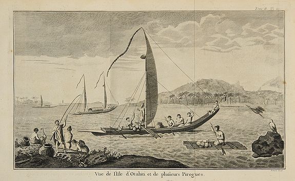 COOK, J., Tome II. Pl. 11 - Vue de l'Isle d'Otahiti et de plusieurs Pirogues., antique map, old maps