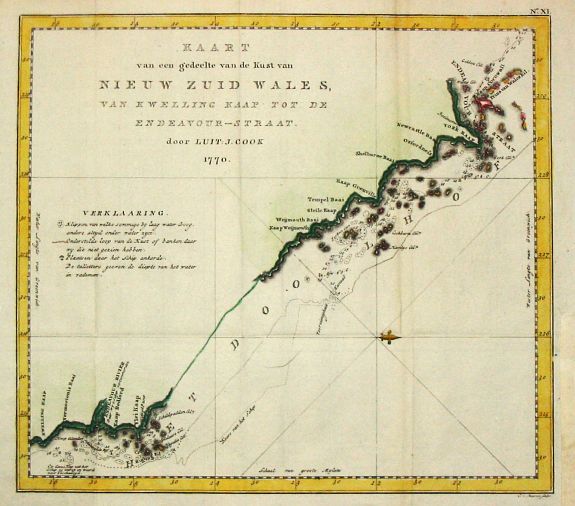 COOK, Capt. J., Kaart. . . van de kust van Nieuw Zuid Wales van Kwelling Kaap tot de Endeavour-Straat 1770., antique map, old maps
