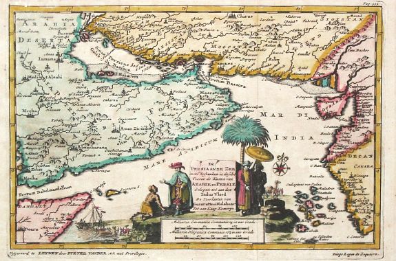 Aa, P. van der., De Persiaanze Zee met d' Eylanden in deselve Tussen de Kusten van Arabier en Persie Gelegen tot aan den Indus Vloed. De Voorkusten van Guzaratte en Malabaar Tot aan Kaap Komeryn., antique map, old maps