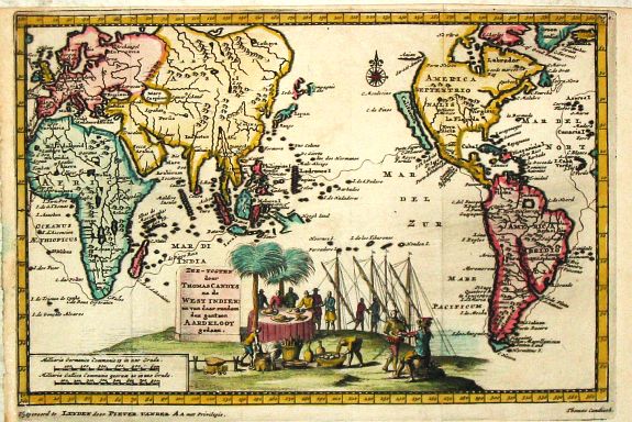 Aa, P. van der., Zee-Togten door Thomas Candys na de West Indien en van daar rondom den gantzen Arrdkloot gedaan., antique map, old maps