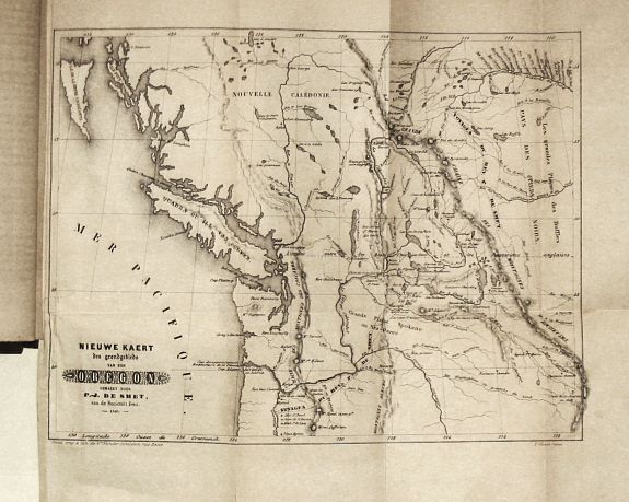 Smet, P.J. de., Missien van den Oregon en Reizen naer de rotsbergen en de bronnen de Colombia, der Athabasca en Sascatshawin in 1845-46. Title maps: Nieuwe Kaert des grondgebieds van den Oregon, Bronnen der Columbia;; Bronnen der Rivier Tète-Plate., antique map, old maps