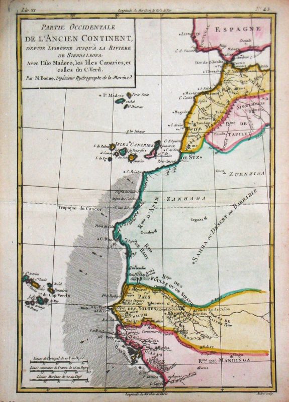 Bonne, R., Partie Occidentale de l' Ancien Continent depius Libonne jusqu' à la Riviere de Sierra Leone: Avec l' Isle Madere, les Isles Canaries, et celles de C. Verde., antique map, old maps