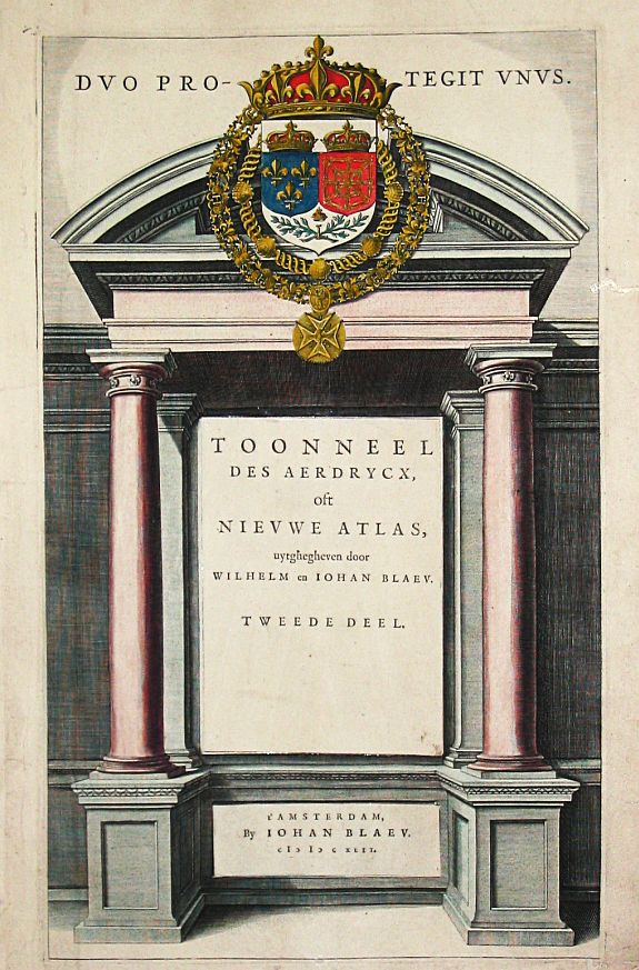 Blaeu, J., (Title page) Toonneel des Aerdrycx oft Nieuwe Atlas uytgegeven door Wilhem en Joan Blaeu. Tweede Deel., antique map, old maps