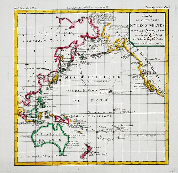 Brion de la Tour, L. , Carte de toutes les N.les Découvertes dans la Mer du Sud, ou est tracee la Route du Celebre Capitain Cook., antique map, old maps