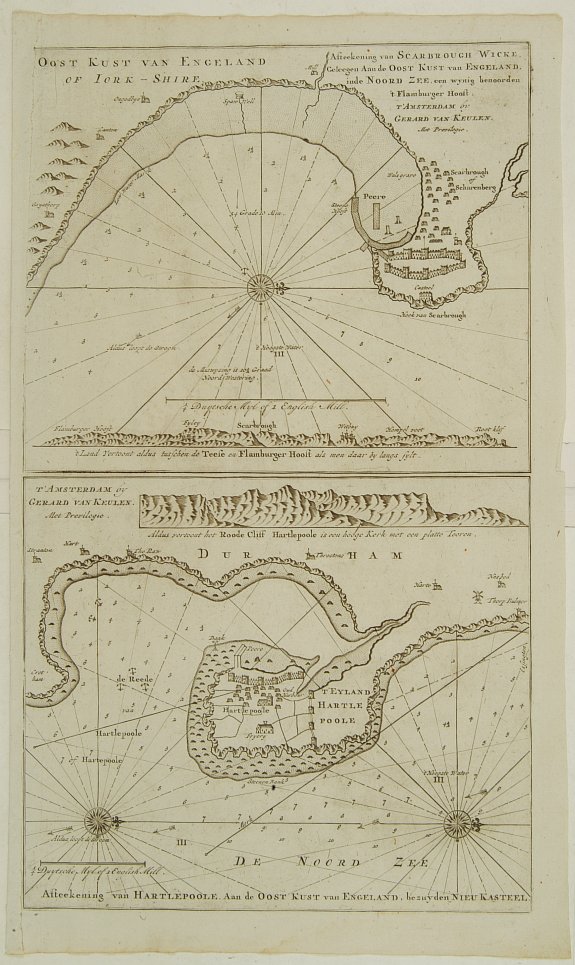 VAN KEULEN,G., Afteekening van Scarbough Wicke.. / Afteekening van Hartlepoole .., antique map, old maps