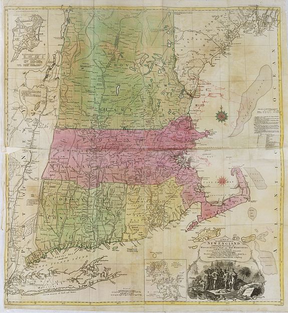 PROBST, J., A map of the most inhabited part of New England, containing the provinces of Massachusets Bay and New Hampshire, with the colonies of Konektikut and . . ., antique map, old maps