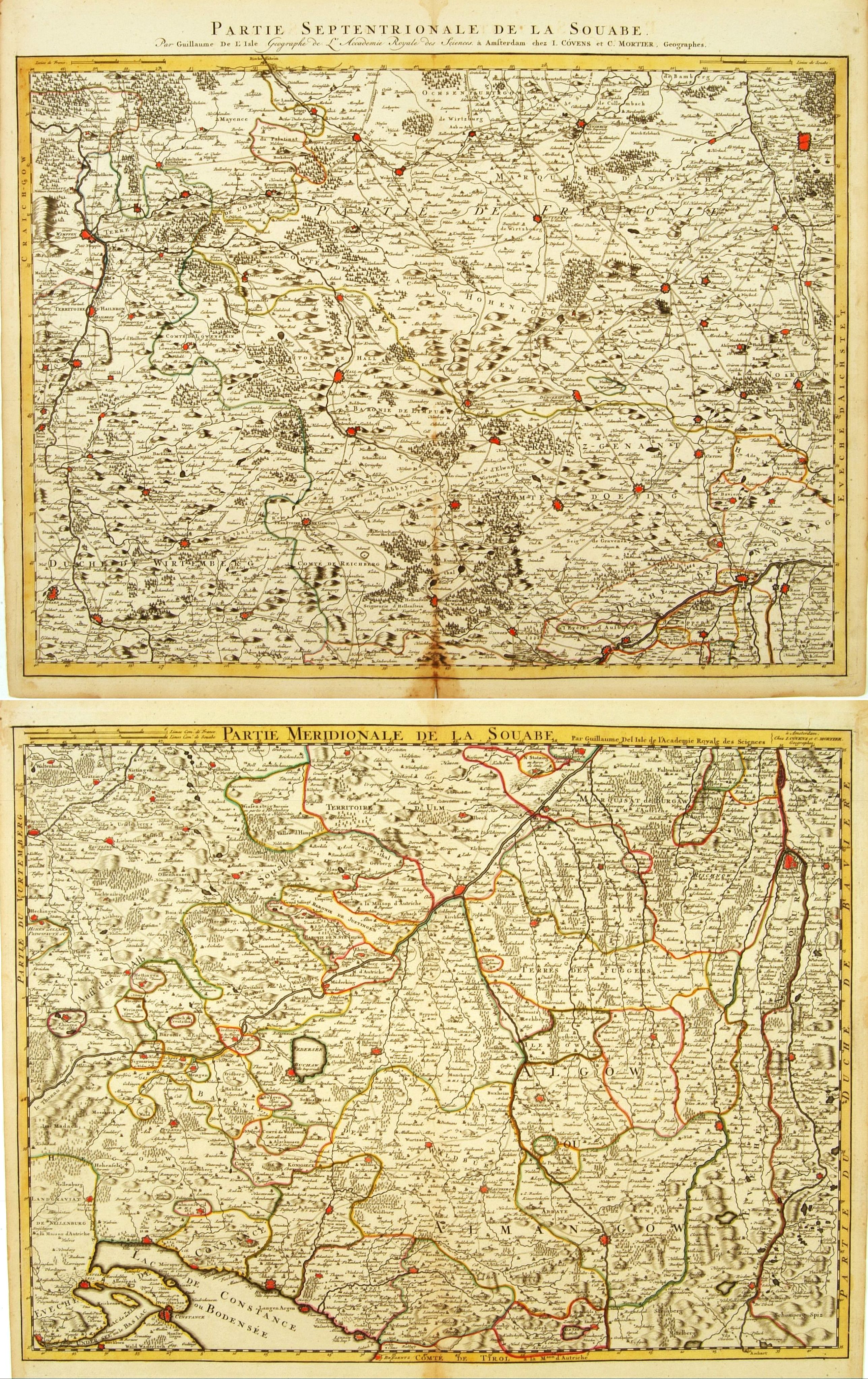 COVENS, J. / MORTIER, C.,  Partie Septentrionale de la Souabe [and] Partie Meridionale de la Souabe. (2 maps), antique map, old maps