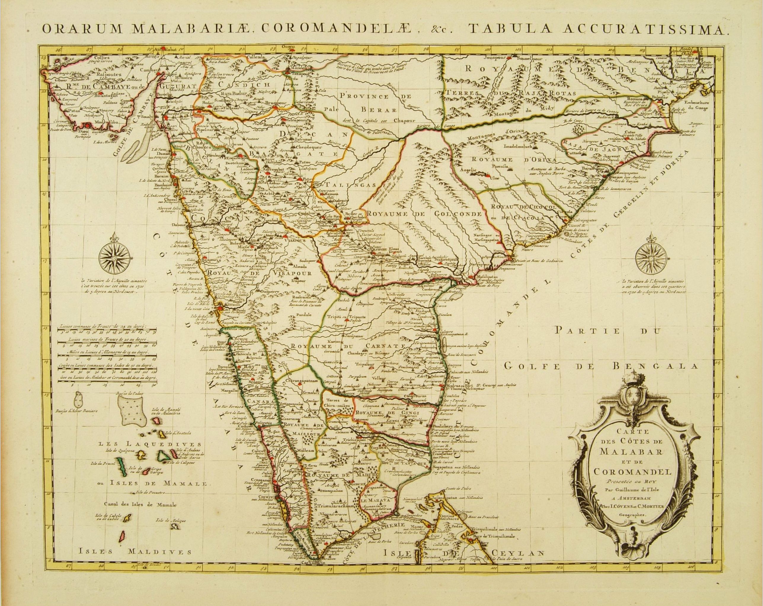 COVENS, J. / MORTIER, C.,  Carte des C�tes de Malabar et de Coromandel Present�e au Roy.., antique map, old maps