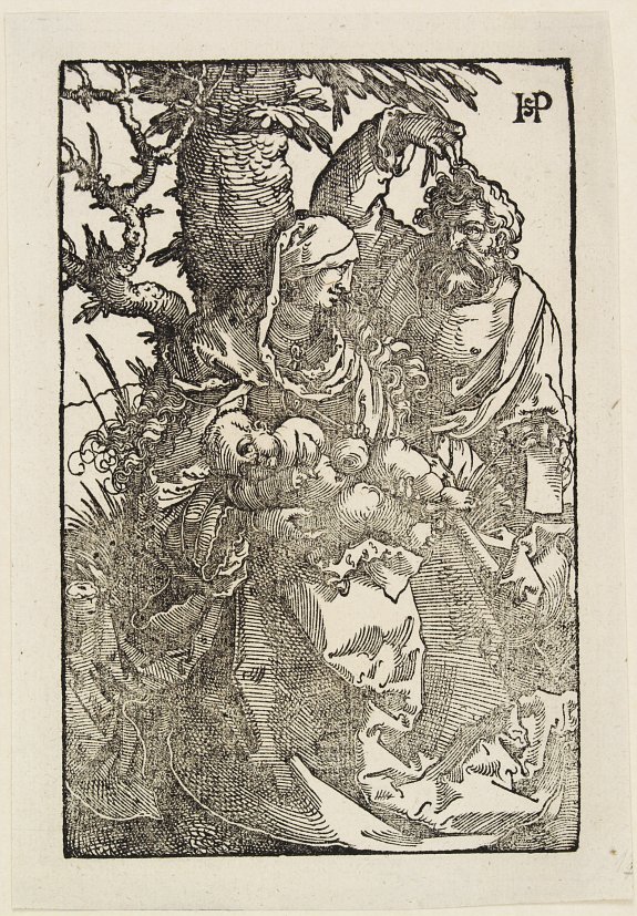 HANS SEBALD BEHAM., Woodcut showing the Holy Family., antique map, old maps