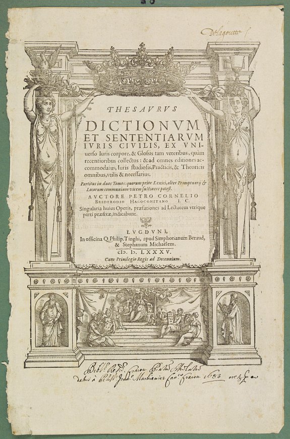 PETRO CORNELIO BREDERODIO HAGOCOMITANO, Title page to: <I>Thesaurus Dictionum et Sententiarum Iuris Civilis.......</I>, antique map, old maps