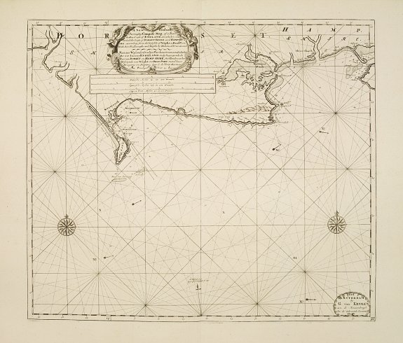VAN KEULEN,G., A new gradually encreasing compass-map, of a part the Sea Coasts of England .. Dorsetshire .. Hampshire .., antique map, old maps