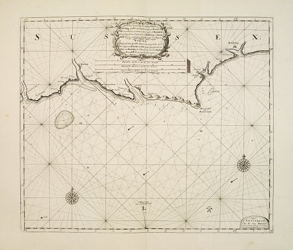 VAN KEULEN,G., A new gradually encreasing compass-map, of a part the Sea Coasts of England .. Sussex .. Hastings to Arundel .., antique map, old maps