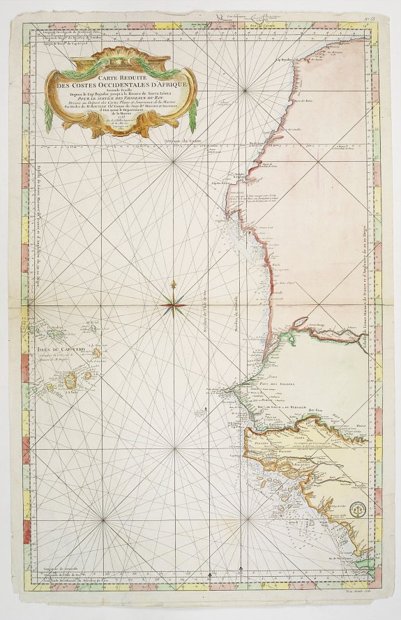 DÉPOT DE LA MARINE:, Carte Reduite des Costes Occidentales d'Afrique seconde feuille depuis le Cap Bojador jusqu'a la Riviere de Sierra Leona pour le service des Vaisseaux du Roy... Seconde feuille.., antique map, old maps