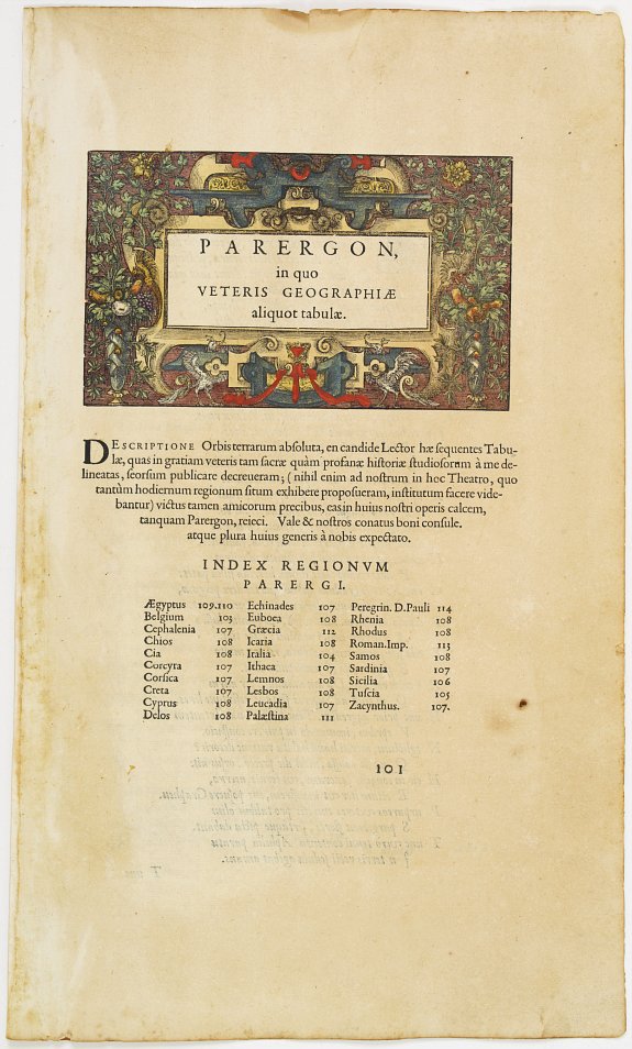 ORTELIUS,A., Titlepage: Parergon, in quo Veteris geographiae aliquot tabulae., antique map, old maps
