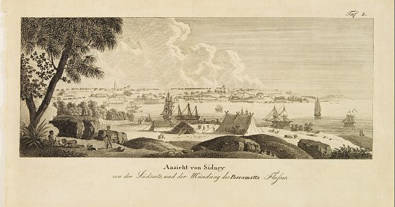 ANONYMOUS, Ansicht von Sidney von der Südseite, und der Mündung des Parramatta Flusses, antique map, old maps