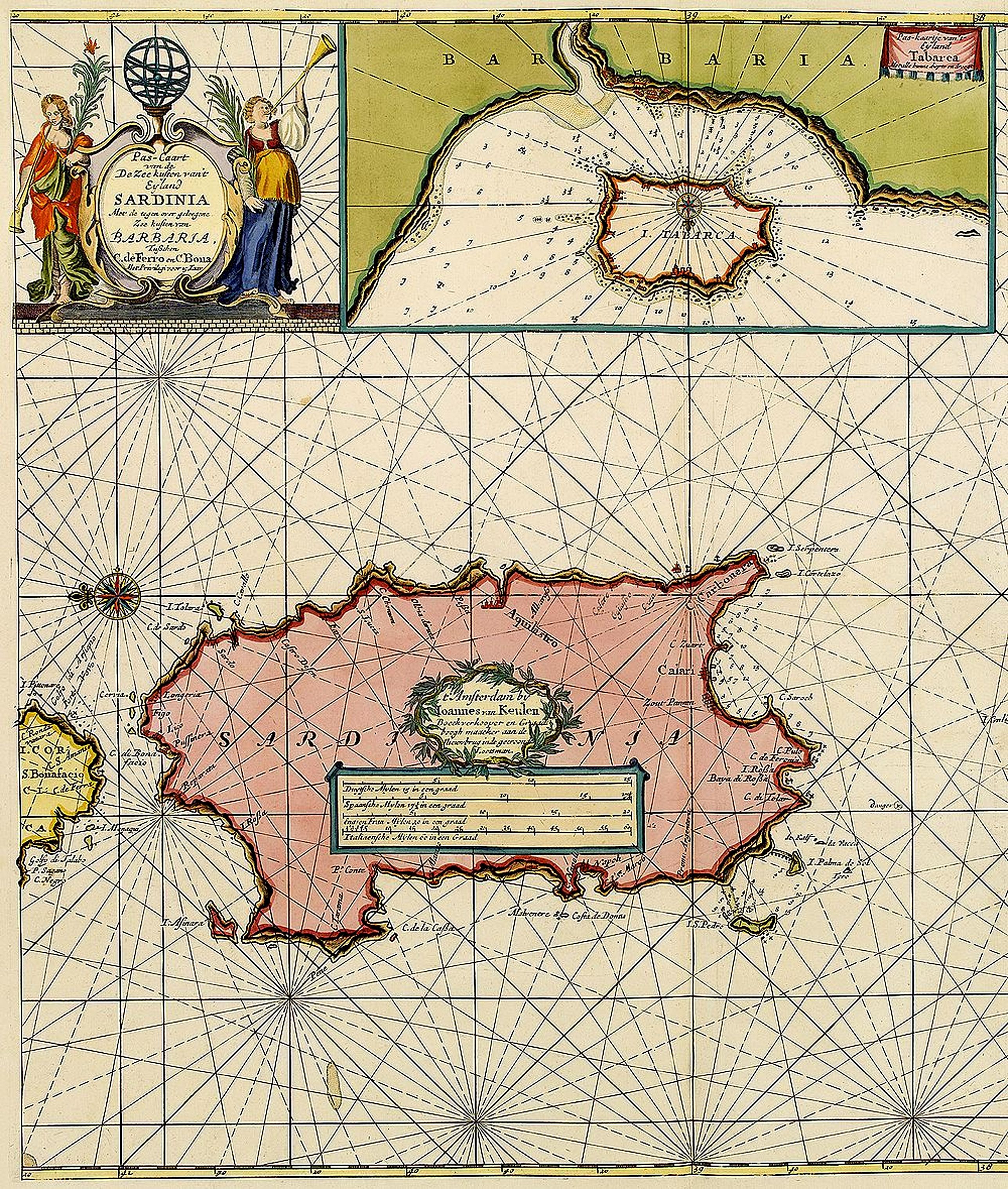 KEULEN, J. VAN,  Pas-Caart van de DE Zee kusten van 't Eyland Sardinia.., antique map, old maps