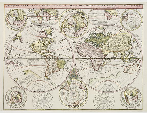 CORONELLI, V. / DE TILLEMONT. / NOLIN., Le Globe Terrestre Represente en Devx Plans Hemispheres, Et en Diverses Avtres Figvres., antique map, old maps