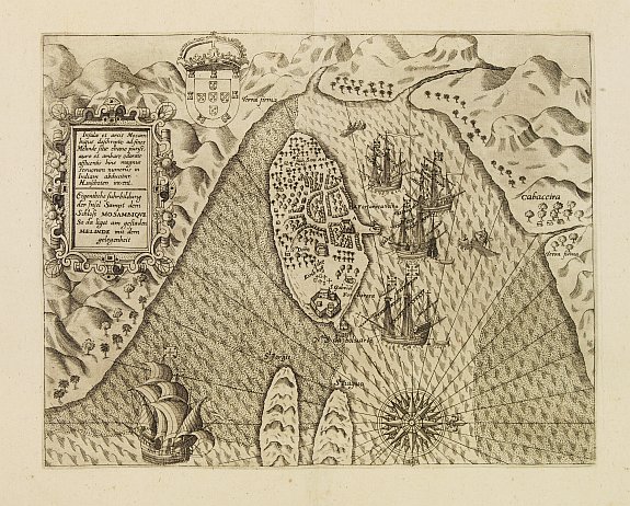 DE BRY,Th., Insulae et arcis Mocambique descriptio ad fines Melinde sita ebano puriss, antique map, old maps