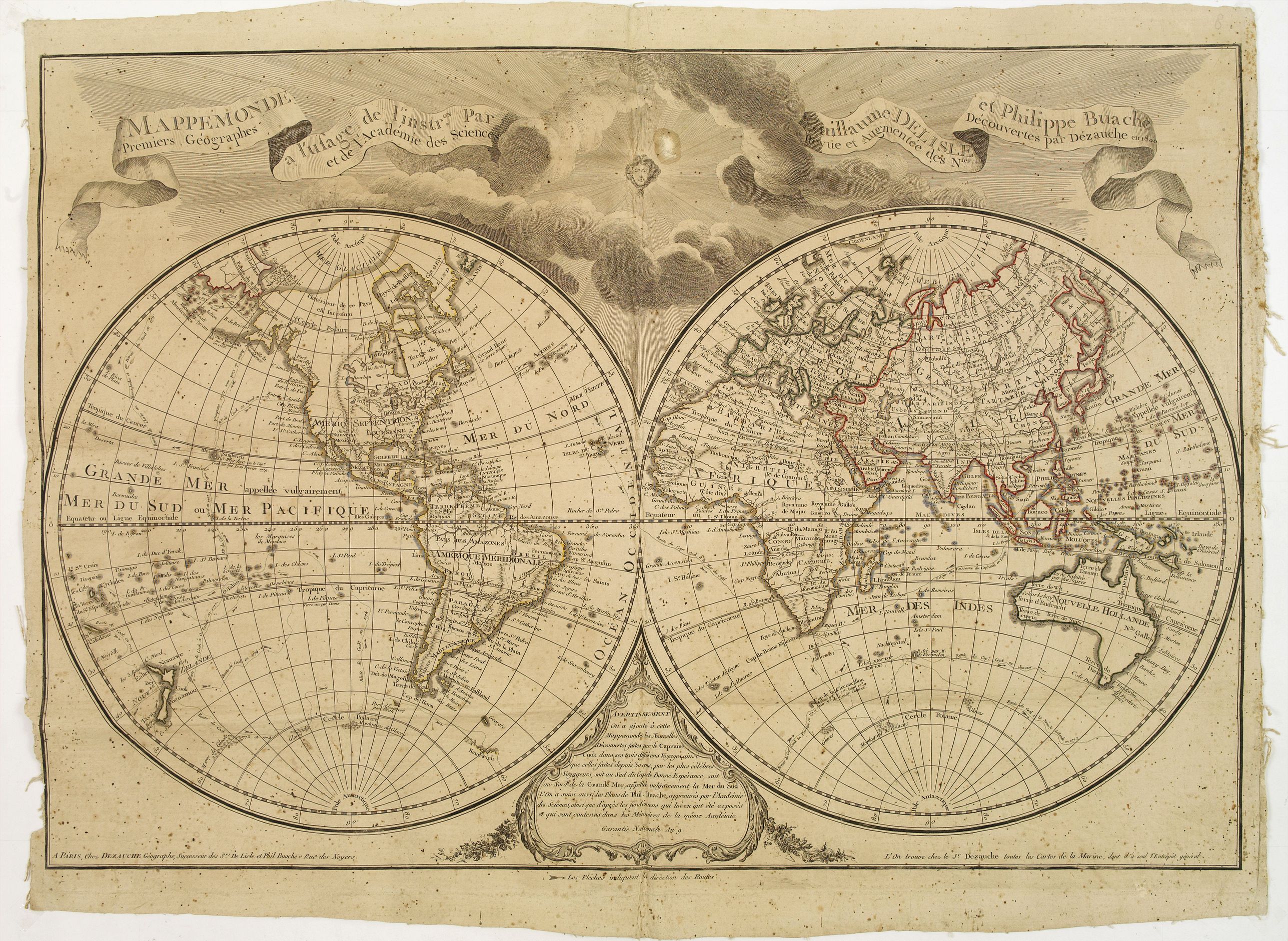 BUACHE,P./ DEZAUCHE,J.A., Mappemonde a l'usage de l'instr.on par premiers géographes et de l'académie des sciences.., antique map, old maps