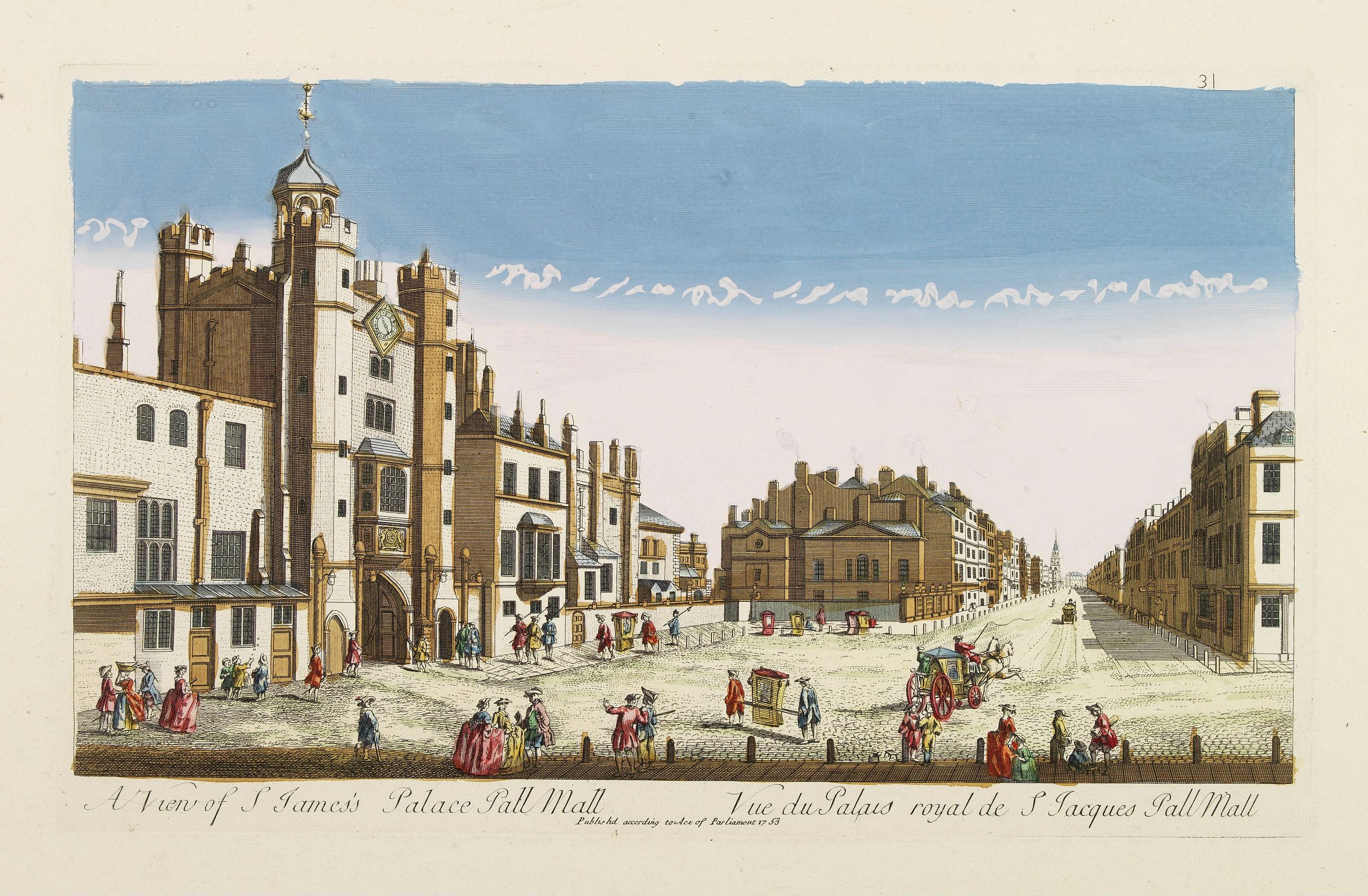 ANONYMOUS,  A View of S. James's Palace Pall Mall. - Vues du Palais royal de S.Jacques Pall Mall., antique map, old maps