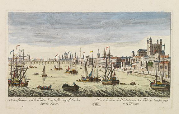 CHARPENTIER,  A View of the Tower with the Bridge & part of the City of London from the River. Vue de la Tour du Pont et partie de la Ville de Londres prise de la Riviere., antique map, old maps