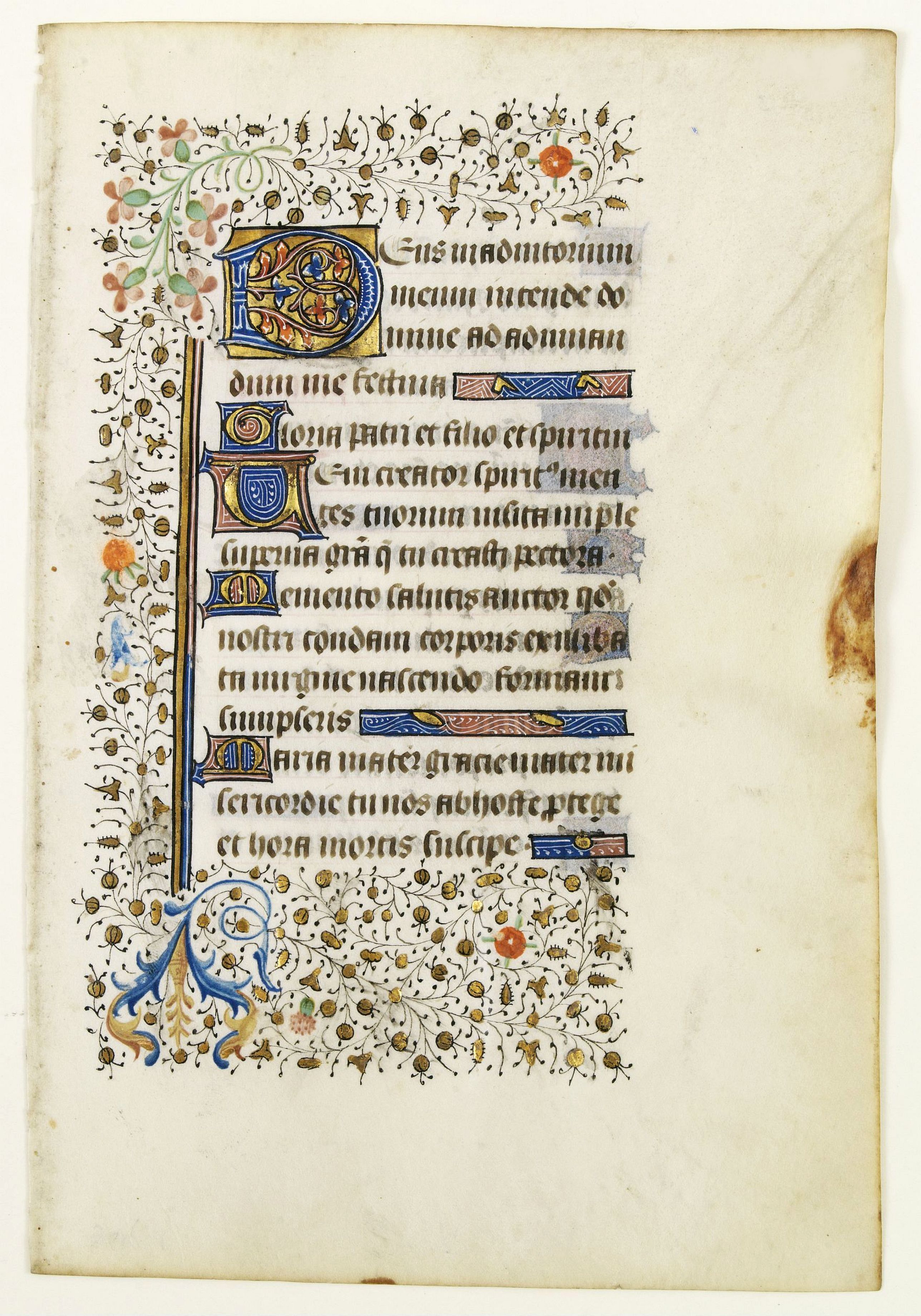 BOOK OF HOURS, Manuscript leaf with 2-line illuminated capital L., antique map, old maps