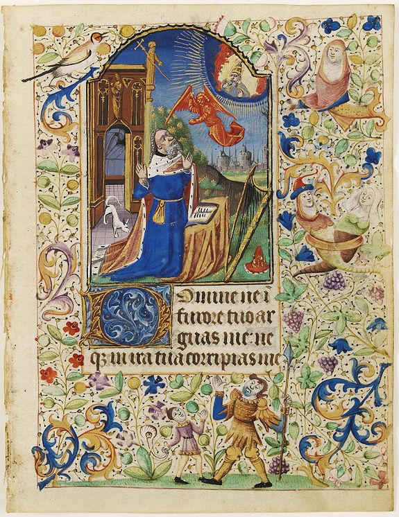 MASTER OF JEAN ROLIN II, Miniature of King David kneeling and gazing toward heaven., antique map, old maps