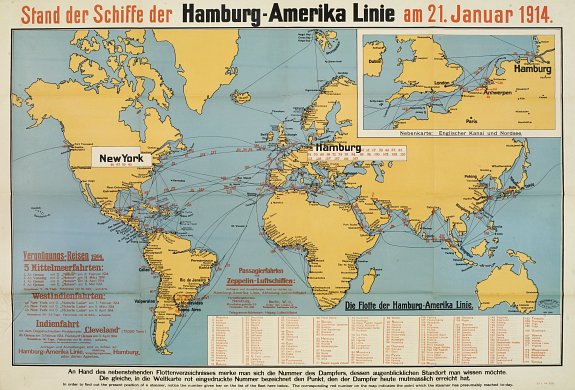 MÜHLMEISTER & JOHLER, Stand der Schiffe der Hamburg - Amerika Linie am 21. Januar 1914., antique map, old maps