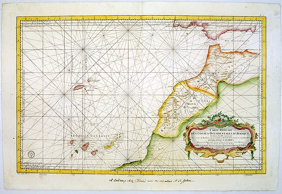 DÉPÔT GÉNÉRAL DE LA MARINE, Carte Reduite Des Costes Occidentales D'Afrique Premiere Feuille contenant Les Costes de Barbarie depuis le Detroit de Gibraltar jusqu'au Cap Bojador Et Les Canaries . . . MDCCLIII, antique map, old maps