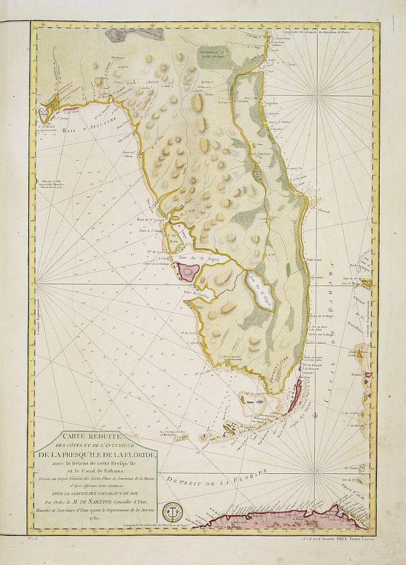 DÉPÔT GÉNÉRAL DE LA MARINE, Carte Reduite des Cotes Et De L'Interieur De La Presqu'Ile De La Floride, avec le Detroit de cette Presqu'ile et le Canal . . . 1780., antique map, old maps