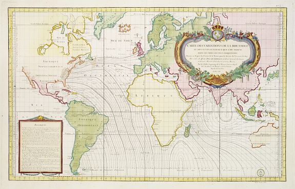 DÉPÔT GÉNÉRAL DE LA MARINE / BELLIN,J.N., Carte Des Variations De La Boussole Et Des Vents Généraux Que L' On Trouve Dans Les Mers Les Plus Frequentées.., antique map, old maps