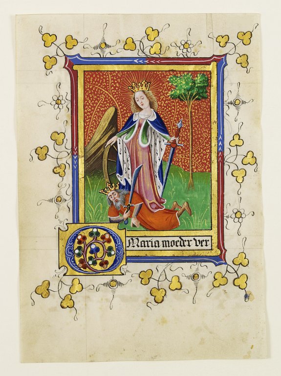 BOOK OF HOURS, Miniature showing St. Catherine of Alexandria. Manuscript leaf on vellum from a Neo-Gothic Book of Hours., antique map, old maps