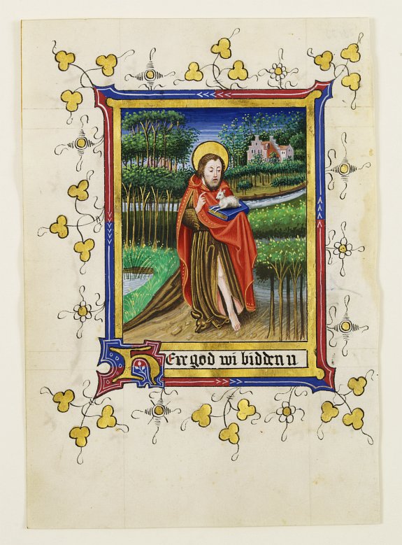 BOOK OF HOURS, Miniature of St. John, the Baptist. Manuscript leaf on vellum from a Neo-Gothic Book of Hours., antique map, old maps