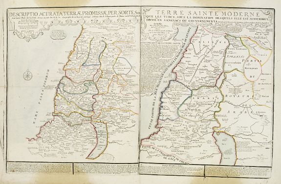 LA RUE, Philippe de / FER, N. de. / DANET.,  Descriptio Acurata Terrae Promissae Per Sortes XII.. & Terre Sainte Moderne, antique map, old maps