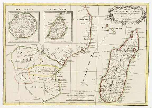 BONNE,R. / LATTRÉ, Partie de la Cote Orientale d' Afrique avec l' Isle de Madagascar et les Cartes particulières des Isles de France et de Bourbon.., antique map, old maps