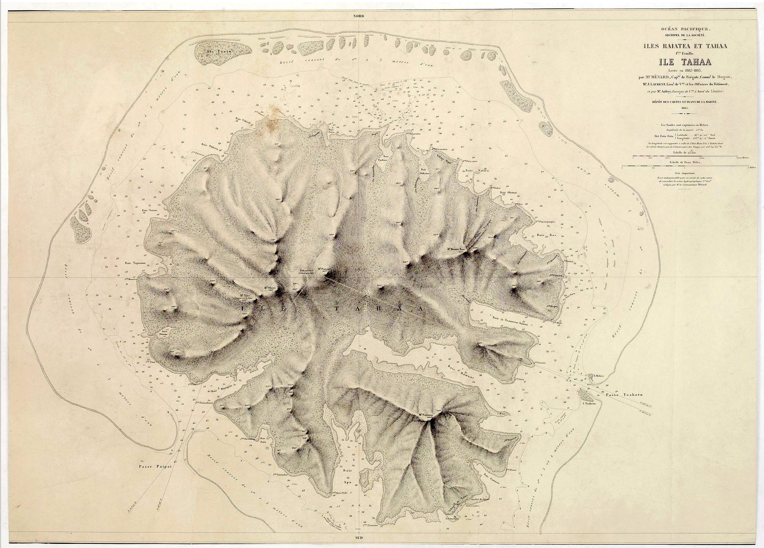 DÉPOT DE LA MARINE, Océan Pacifique. Archipel de la Société. Iles Raiatea et Tahaa. 1ère Feuille. Ile Tahaa.., antique map, old maps