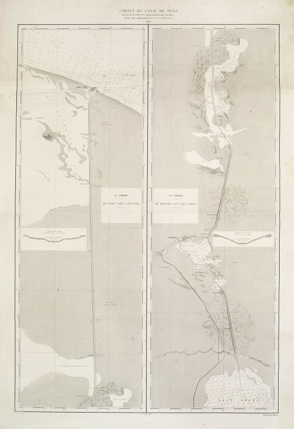 ADMINISTRATION DE LA CIE. DU CANAL DE SUEZ,  [2 sheets] Cartes du Canal de Suez.. 1�re Partie. De Port-Sa�d a Kantara. 2�me Partie. De Kantara aux Lacs Amers./ 3�re Partie. De L'Entr�e Nord Dans Les Lacs Amers A Suez., antique map, old maps