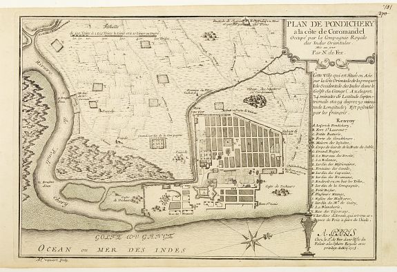 DE FER,N., Plan de Pondichery la côte of Coromandel occupé pair la Compagnie Royale DES Indes cartographic Orientales.., antique map, old maps