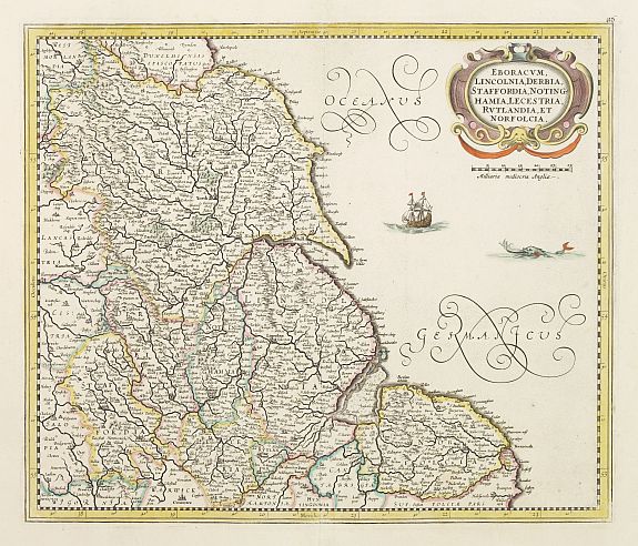 HONDIUS,H., Eboracum, Lincolnia, Derbia, Staffordia, Notinghamia.., antique map, old maps