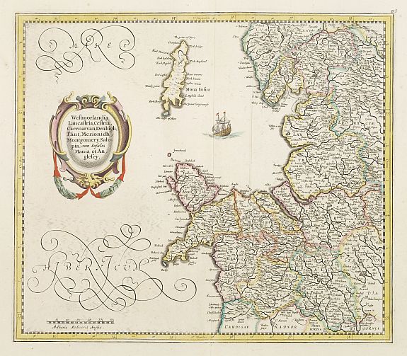 HONDIUS,H., Westmorlandia Lancastria, Cestria, Caernarvan, Denbigh.., antique map, old maps