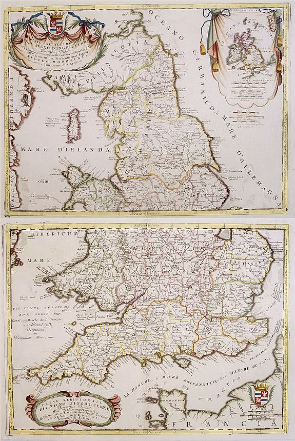CORONELLI, V.M.,  [2 sheets] Parte settentrionale del regno d''inghilterra.. [with] Parte Meridionale der regno . . ., antique map, old maps