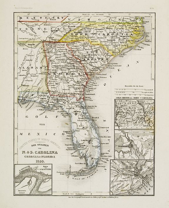 GRÄSSL, J., Die Staaten von N. & S. Carolina Georgia & Florida 1850., antique map, old maps