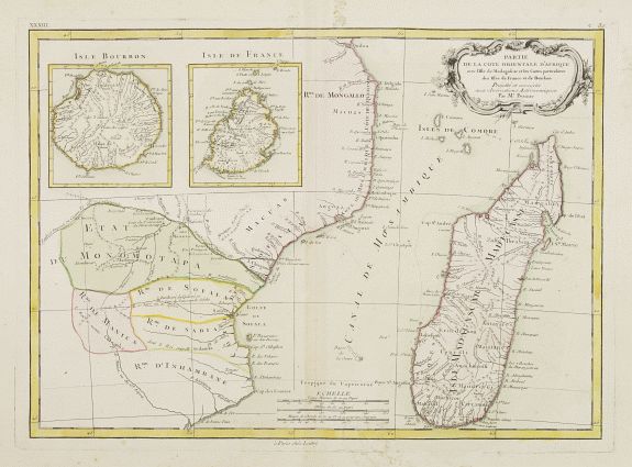 LATTRÉ / BONNE,R., Partie de la Cote Orientale D'Afrique avec l'Isle de Madagascar.. Isles de France et de Bourbon.., antique map, old maps