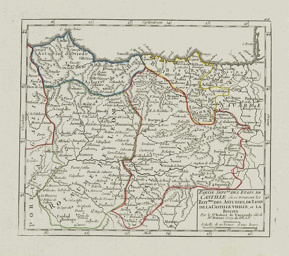 VAUGONDY, R. de,  Partie Sept.le des Etats de Castille o� se trouvent les Roy.mes des Asturies.. Biscaye., antique map, old maps