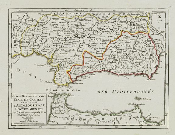 VAUGONDY, R. de,  Partie Meridionale des Etats de Castille o� se trouvent l'Andalousie et le Roy.me de Grenade., antique map, old maps