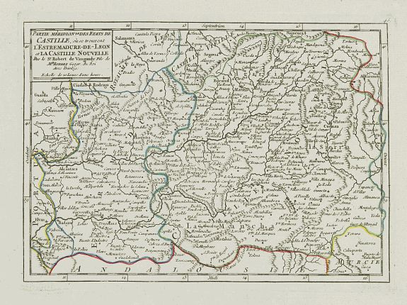 VAUGONDY, R. de,  Partie Meridion.le des Etats de Castille, o� se trouvent l'Estremadure-de-Leon et la Castille Nouvelle., antique map, old maps